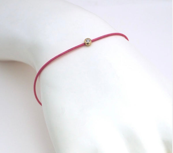 Yellow Gold Round Bezel Diamond Bracelet - Pink Cord