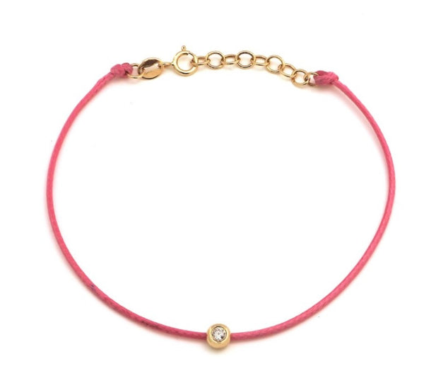 Yellow Gold Round Bezel Diamond Bracelet - Pink Cord