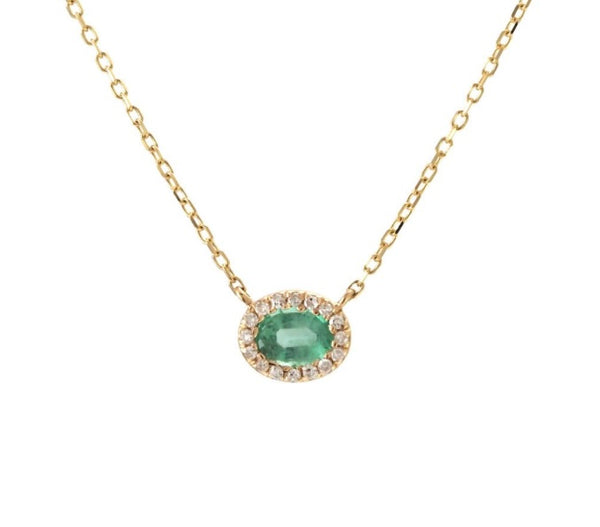 14k Yellow Gold Oval Diamond Bezel Emerald Necklace