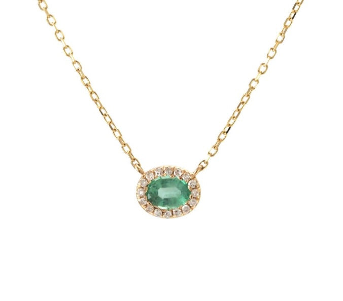 14k Yellow Gold Oval Diamond Bezel Emerald Necklace