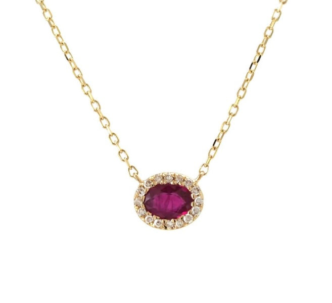 14k Yellow Gold Oval Diamond Bezel Ruby Necklace