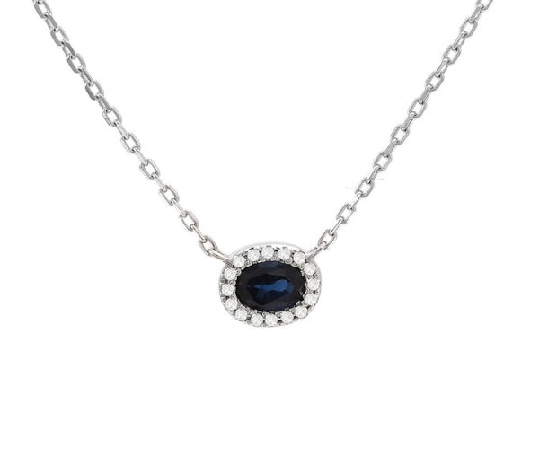 14k White Gold Oval Bezel Sapphire Diamond Necklace