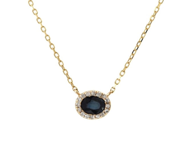 14k Yellow Gold Oval Diamond Bezel Sapphire Necklace