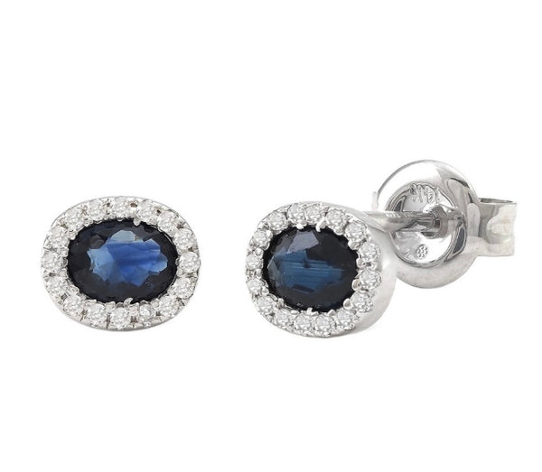 14k White Gold Diamond Halo Oval Sapphire Earrings