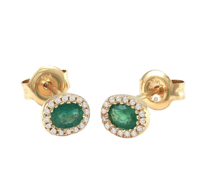 14k Yellow Gold Diamond Halo Oval Emerald Earrings