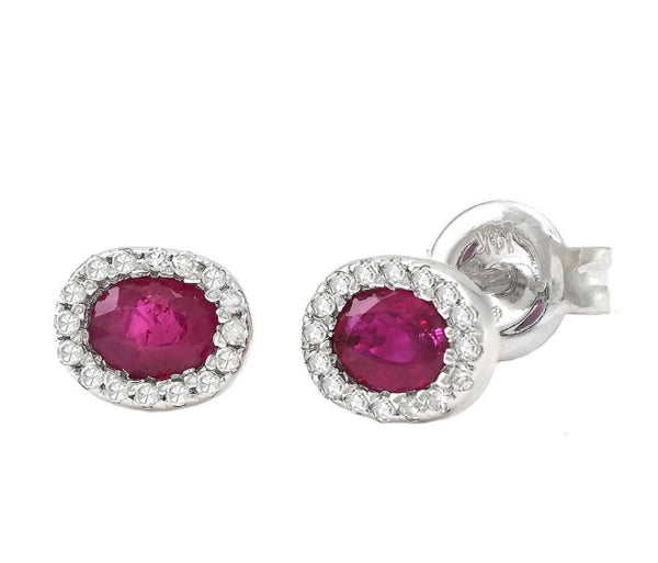 14k White Gold Diamond Halo Oval Ruby Earrings