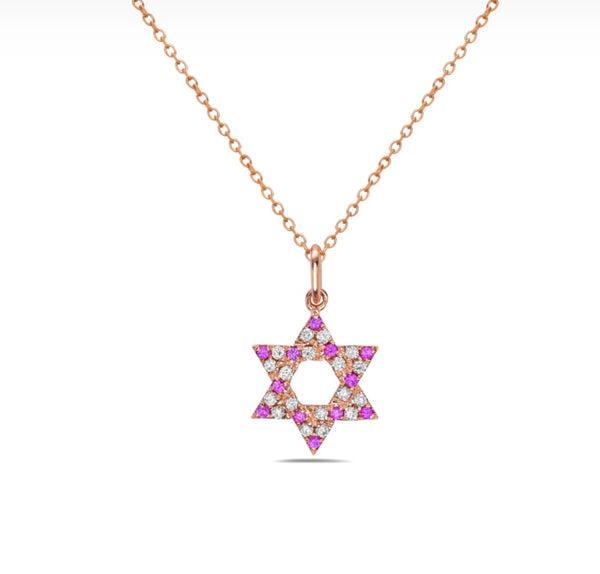 14k Rose Gold Pink Sapphire Star of David Necklace