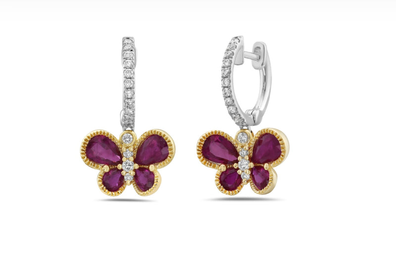 14k Two-tone Butterfly Ruby Diamond Earring