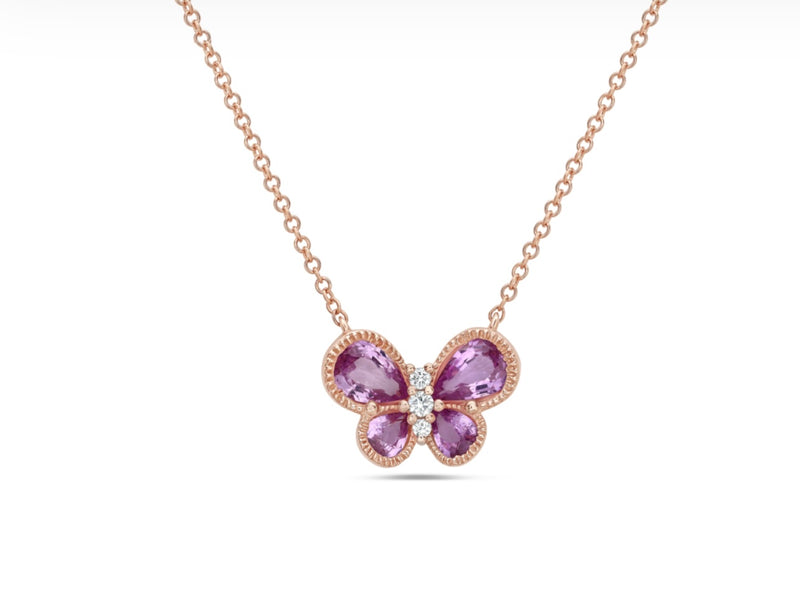 14k Rose Gold Pink Butterfly Sapphire Diamond Necklace