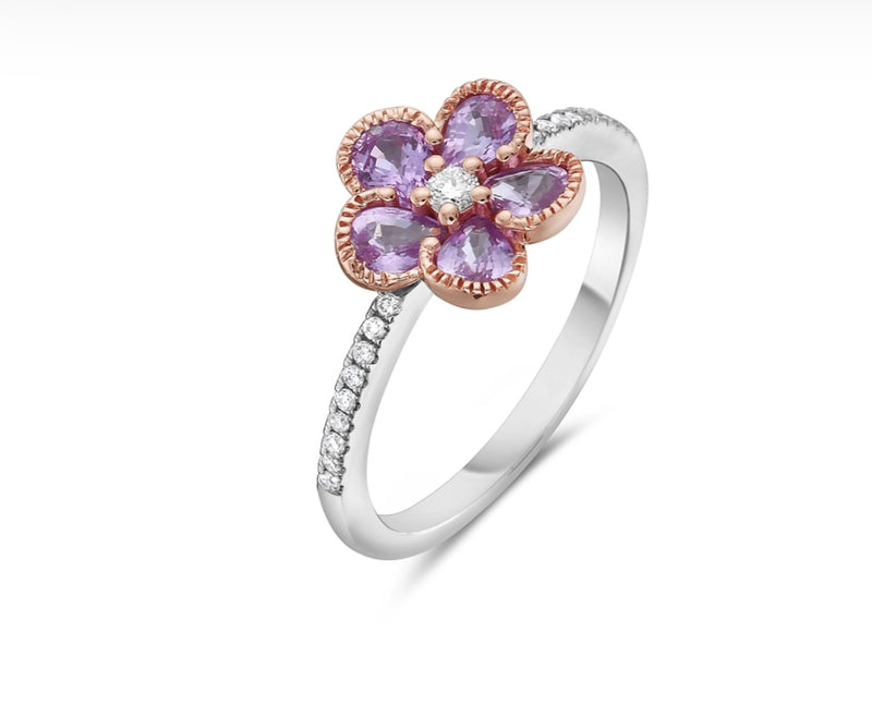 14k Two-tone Pink Flower Sapphire Ring