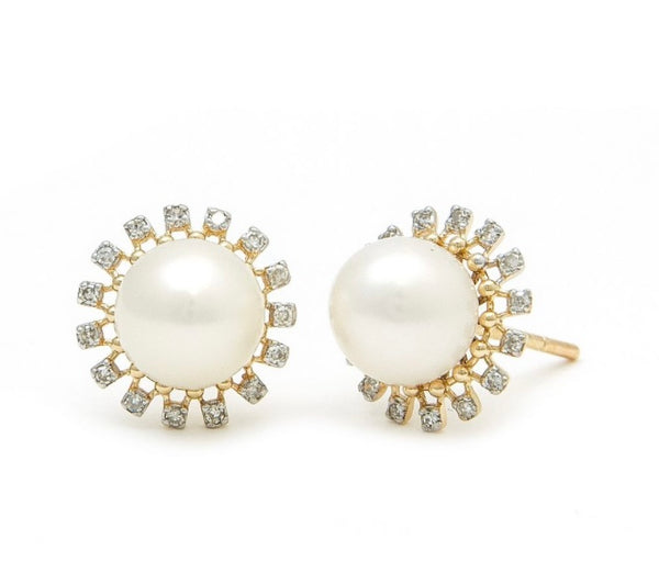 14k Yellow Gold Pearl and Diamond Earrings