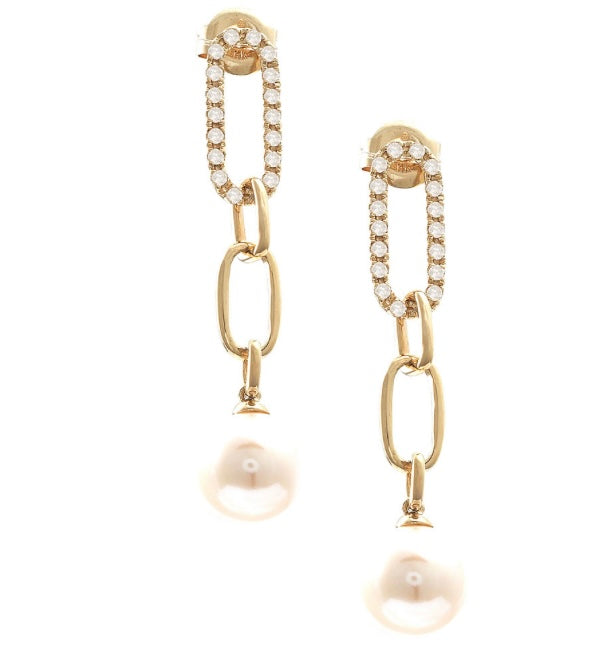 14k Yellow Gold Fashion Diamond and Pearl Paper Clip Earrings