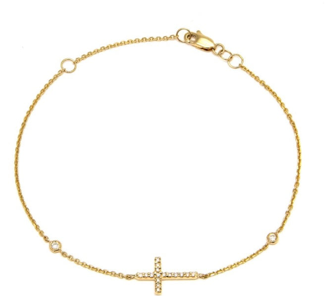 14K Yellow Gold Pave Diamond Cross Bracelet