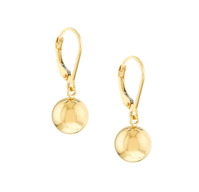 10mm Polished Ball Earrings on Leverback - 14k Yellow Gold