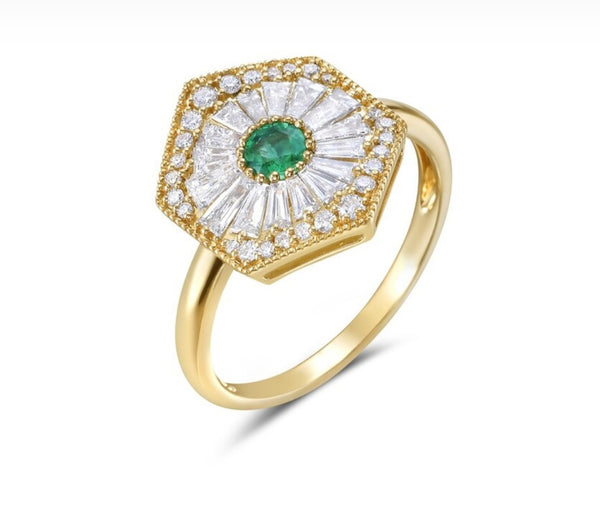 14 Karat Yellow Gold Emerald Diamond Fashion Ring