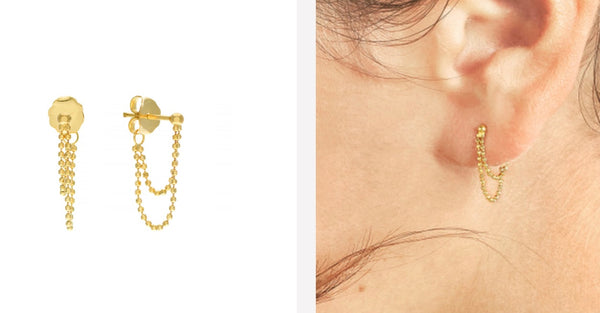 14K/YG Diamond-Cut Bead Chain Duo Huggie Earrings