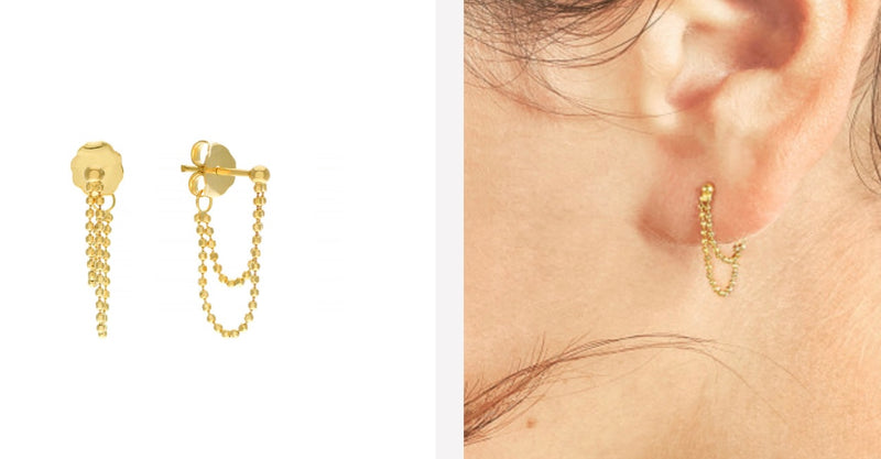 14K/YG Diamond-Cut Bead Chain Duo Huggie Earrings