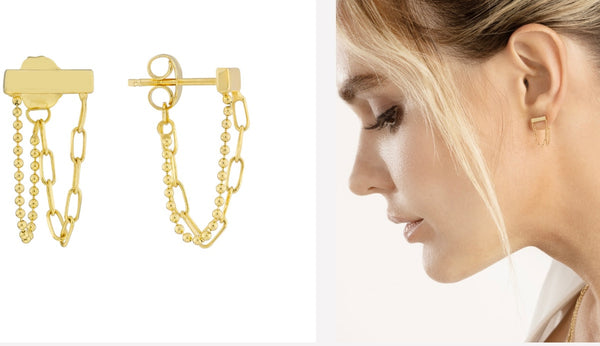 14KYG Paper Clip/Bead Chain Bar Front To Back Earrings